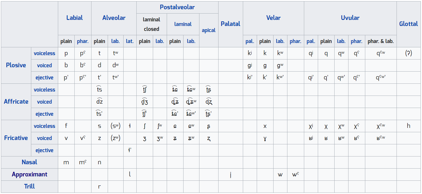 Tableau des consonnes de l'oubykh