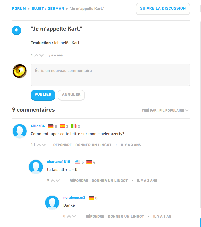 Fil de discussion sur un forum Duolingo