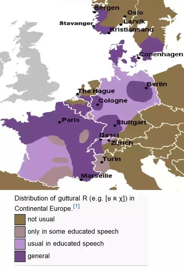 Carte de distribution du R guttural en Europe