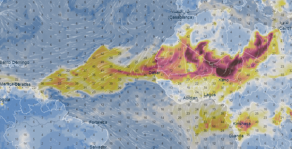 Carte radar du nuage de sable du Sahara le 17 juin 2020.