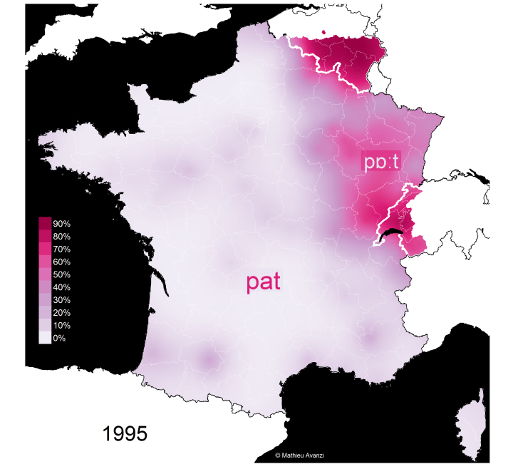 Carte de la distinction de prononciation des mots "patte" et "pâte" en France en 1995