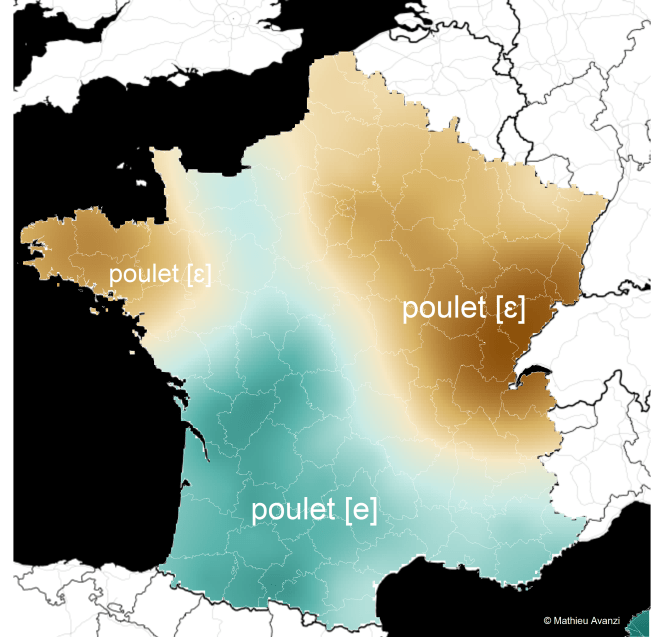 Carte de la distinction de prononciation du mot "poulet" en France.